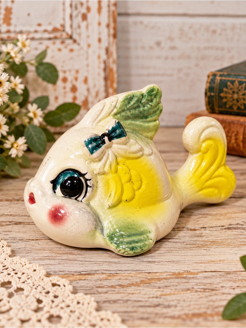Vintage Mexico Ceramic Fish Figurine Big Eyes Bow Kitsch Decor